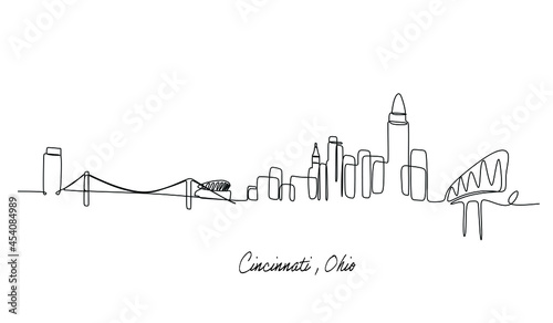 One single line drawing of Cincinnati city skyline  Ohio. Historical town landscape. Best holiday destination home wall decor art poster print. Trendy continuous line draw design vector illustration