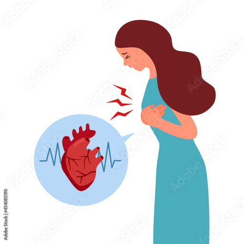 Woman with heart attack symptom in flat design on white background. Heart disease concept.