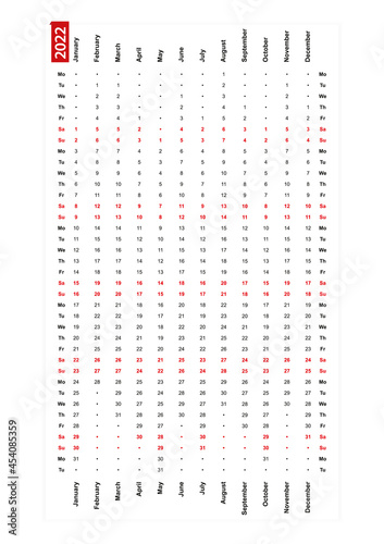 One row vertical calendar 2022, monday first day of the week.
