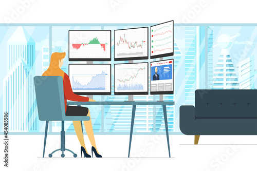 Business woman stock market trader in workplace looking at multiple computer screens with financial charts, diagrams and graphs. Business index analysis concept. Female broker exchange trading.Vector