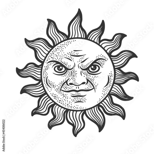 Evil cartoon sun sketch engraving vector illustration. T-shirt apparel print design. Scratch board imitation. Black and white hand drawn image.