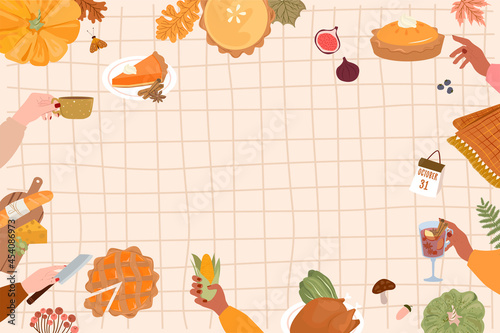 Autumn poster with seasonal food and cozy hygge home decor. Autumn Thanksgiving dinner, holidays, invitation card. Top view. Editable vector illustration.