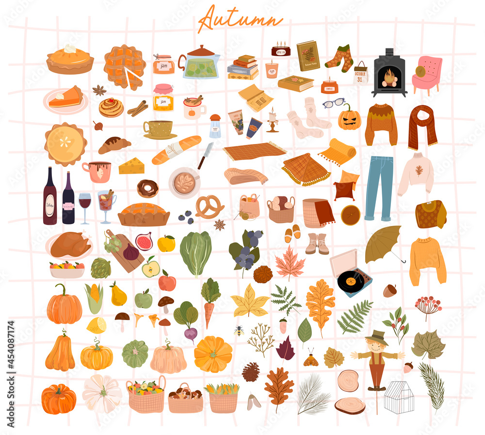 Cozy Autumn elements, seasonal food, plants, home decor, outfit, cute things. Cute hand drawn in scandinavian style. Editable vector illustration. Cozy Autumn elements, seasonal food, plants, home decor, outfit, cute things. Cute hand drawn in scandinavian style. Editable vector illustration.