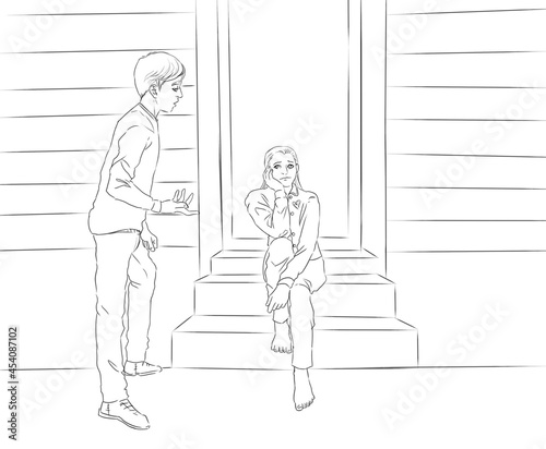 Digital illustration of a boy offering help to a girl that was kicked out for the night and is sitting in front of a door