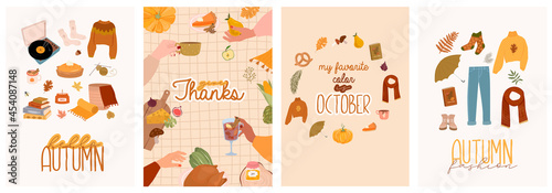 Set of invitation card - Cozy Autumn. Autumn holiday, seasonal food, decor, outfit. Cute illustration  in Hygge style. Editable Vector Illustration.