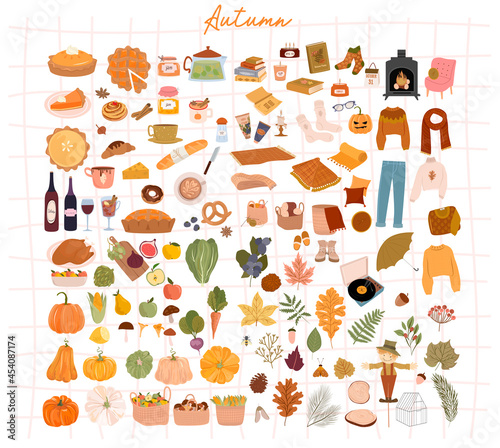 Cozy Autumn elements, seasonal food, plants, home decor, outfit, cute things. Cute hand drawn in scandinavian style. Editable vector illustration.