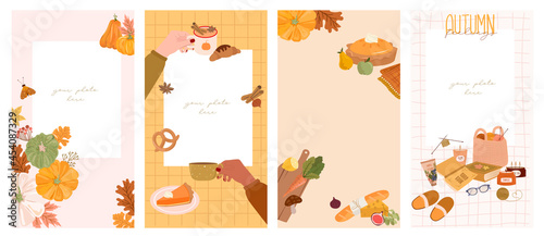 Set of stories template for social media with place for a photo. Autumn frame, seasonal food, decor, outfit. Cute illustration in Hygge style. Editable Vector Illustration.