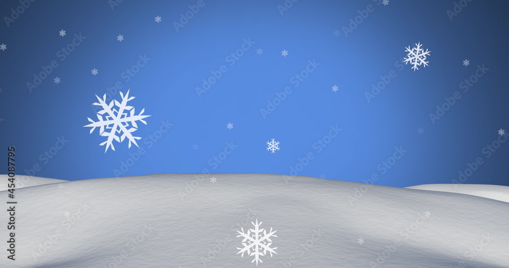 Digital image of snowflakes moving over snow landscape against blue background