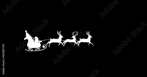 Digital image of black silhouette of santa claus and christmas tree in sleigh