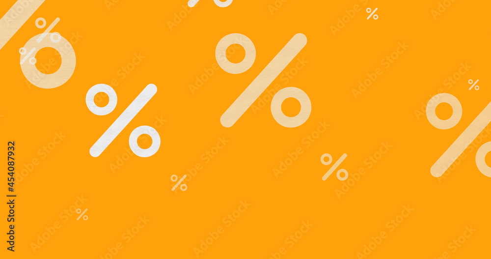 Image of online white percent icons moving on yellow background Image of online white percent icons moving on yellow background
