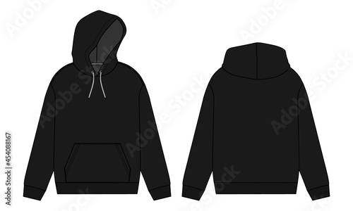 Hoodie. Technical fashion flat sketch Vector template. Cotton fleece fabric Apparel hooded sweatshirt illustration black color mock up. Clothing outwear jumper Front, back views. Men, unisex top CAD.