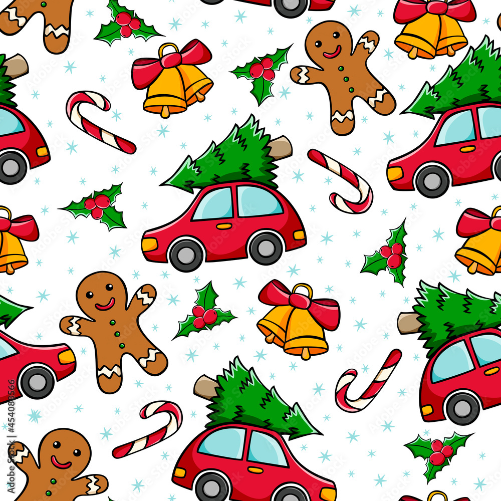 Naklejka premium Seamless Christmas pattern with red car, Christmas tree, candy cane, gingerbread man and bells in doodle style. Hand drawn Christmas pattern.