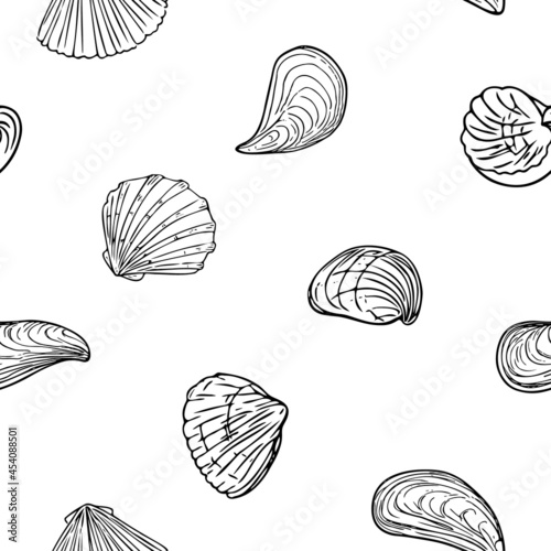 Pattern with seashells, doodle hand-drawn sea symbols.Seamless wallpaper. Fossils painted by ink, pen. Line, minimalism. Simple sketchy backdrop. Isolated. Vector illustration.