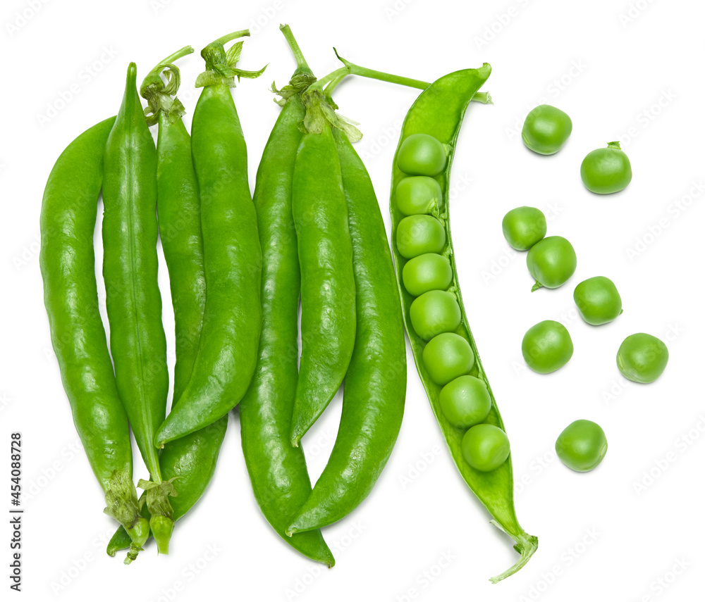 Fresh green pea pods with green peas isolated on white background. clipping path. top view Fresh green pea pods with green peas isolated on white background. clipping path. top view
