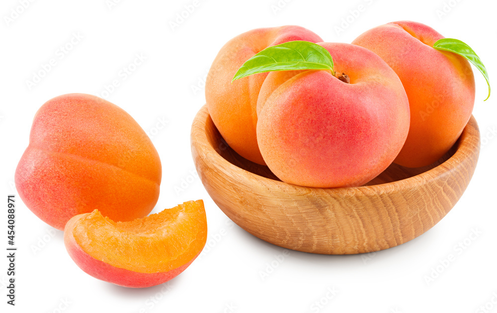 apricot fruits with slices and green leaf isolated on white background. clipping path apricot fruits with slices and green leaf isolated on white background. clipping path