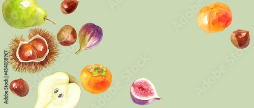 秋のフルーツの俯瞰水彩イラストのアシンメトリーバナー背景。栗、柿、イチジク、洋梨。
