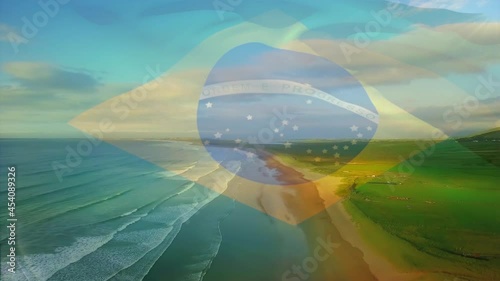 Animation of flag of brazilr blowing over beach landscape photo