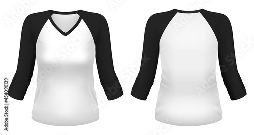 V-neck 3/4 sleeve raglan t-shirt template. Front and back views. Vector illustration.