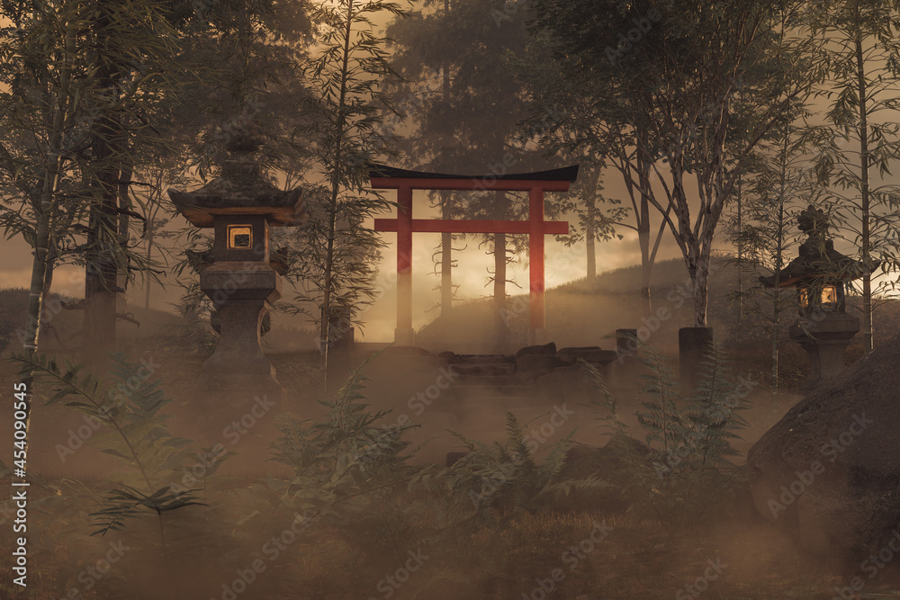3d rendering of an old japanese shrine with torii gate and stone lantern in the evening light - obrazy, fototapety, plakaty 
