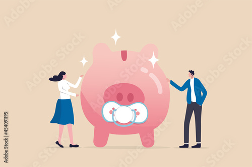 Child care expense planning, spending on having a baby or financial budget for kids concept, smart parent new father and mother with baby piggybank with teether metaphor of savings for kids.