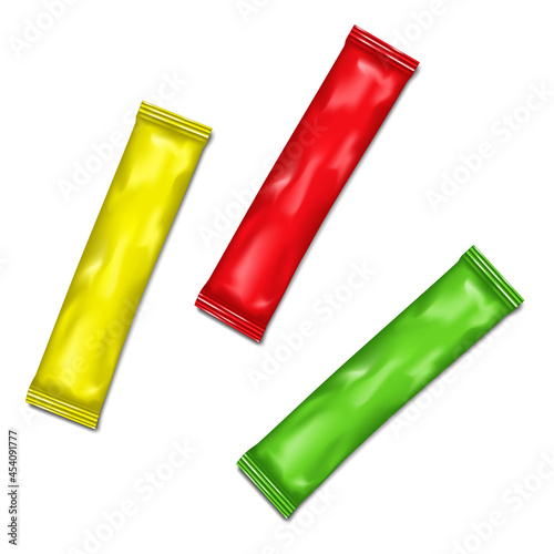 Color stick pack set, realistic vector illustration. Small colour sachet packet. Single dose pouch packaging for sugar, coffee, other powder or granule product