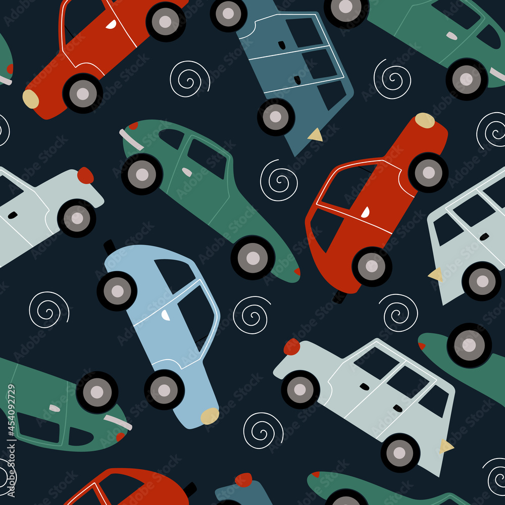 Hand drawn vector seamless pattern with cute doodle kids cars