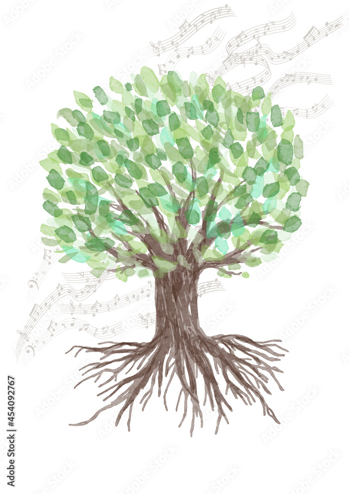 Naklejka premium 水彩画の樹木 音符 音楽会 手書きイラスト ベクター素材 森林