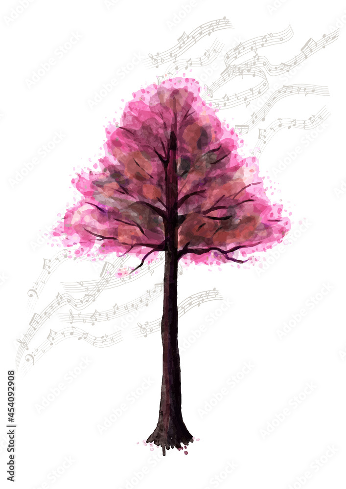 水彩画の樹木 桜 音楽会 音符 手書きイラスト ベクター素材 森林 Stock Vector Adobe Stock