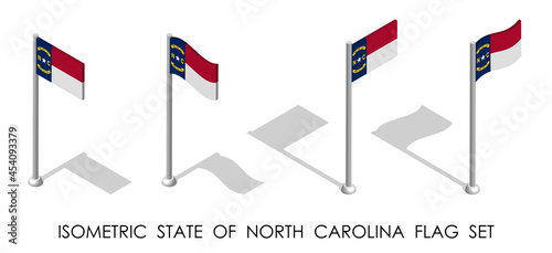 isometric flag of american state of North Carolina in static position and in motion on flagpole. 3d vector