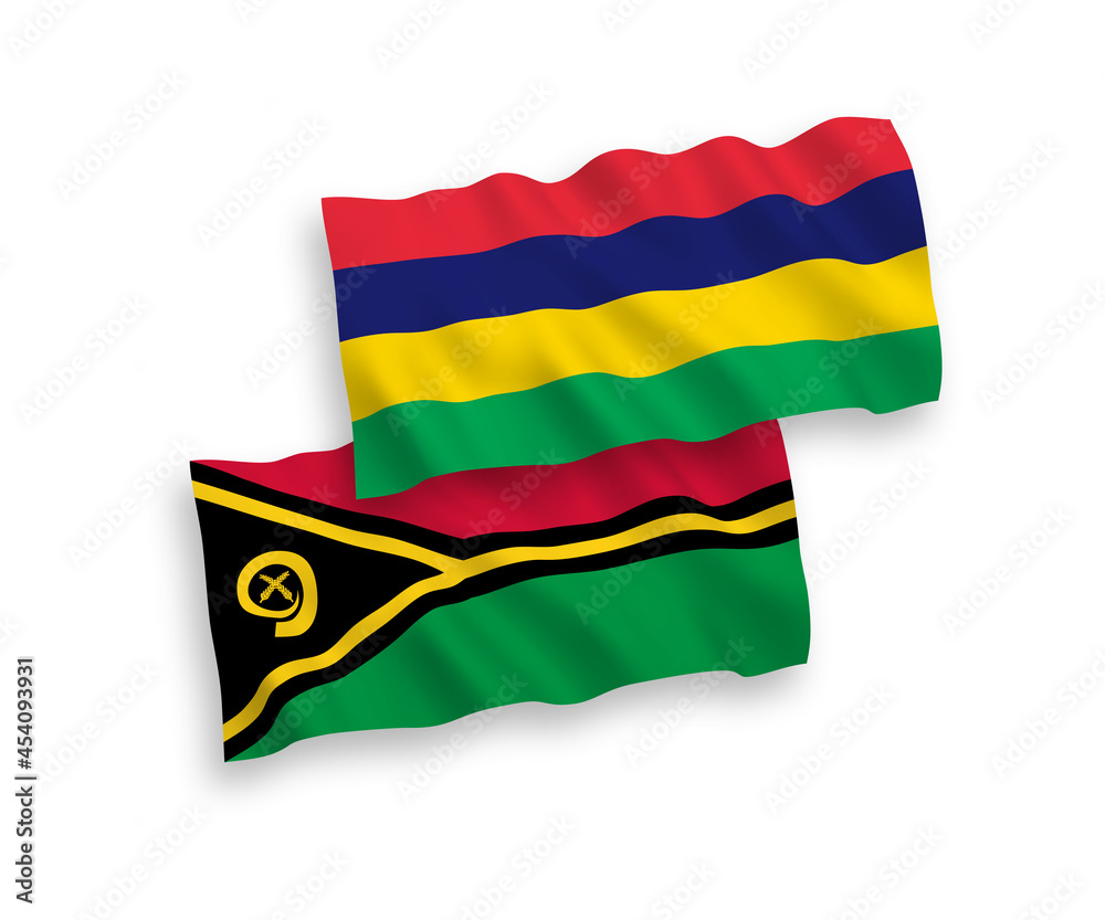 Obraz premium Flags of Republic of Vanuatu and Republic of Mauritius on a white background
