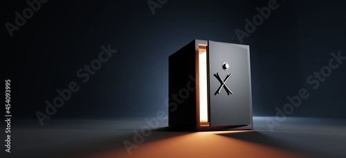 Schilderij op canvas Black bank safe with open steel door and golden light inside, perspective view