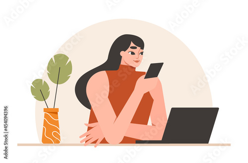 Woman using a mobile phone at work. Businesswoman with a smartphone and a laptop in the office. Business technology, communication concept. Isolated flat vector illustration