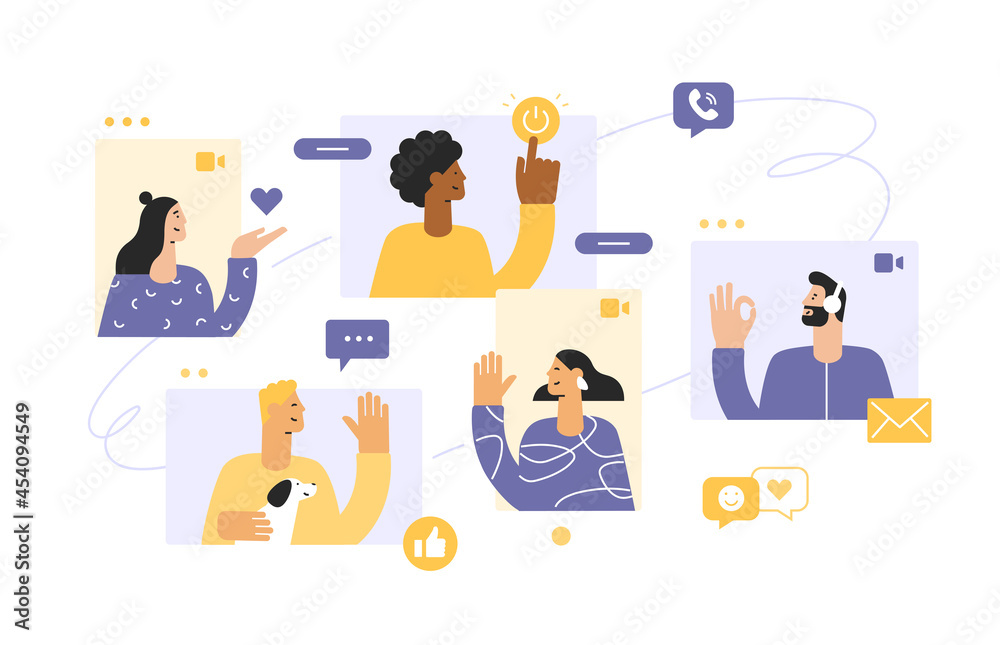 Web windows with different people chatting by videoconference. Smiling men and women work and communicate remotely. Team meeting online. Concept of virtual discussion. Vector in flat style, isolated