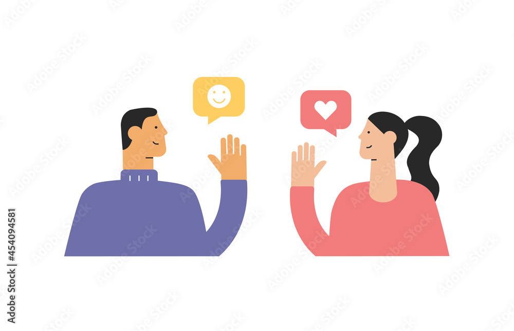 Two cartoon characters. Communication between people, pair work, problem  solving. Young man and woman put together a puzzle. Side view. Vector  illustration, modern flat design, isolated on white Stock Vector | Adobe