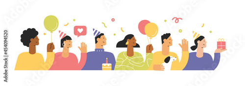 Birthday, holiday, congratulations, party. Happy cartoon characters have fun time. People with balloons, gifts and confetti. Vector illustration for web and app. Modern flat design, white isolated