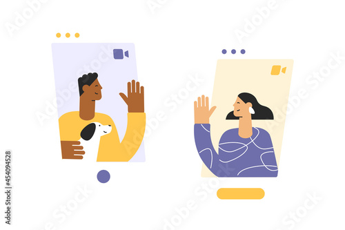 Online communication, video call. Young people waving their hands from the screens of devices. Vector cartoon characters communicate using mobile phones. Flat design, isolated on white