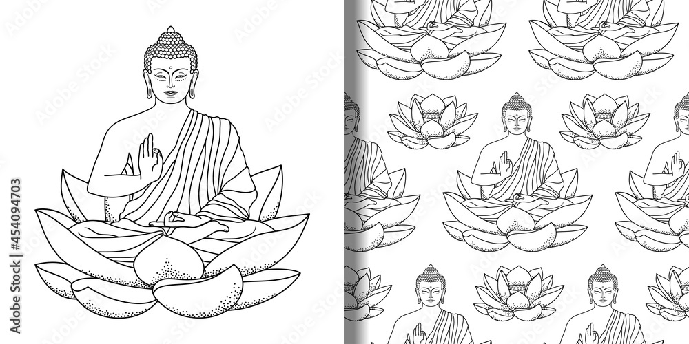 Buddha sitting on Lotus print and seamless pattern
