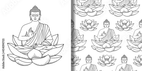 Buddha sitting on Lotus print and seamless pattern © kronalux