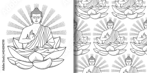 Buddha sitting on Lotus print and seamless pattern