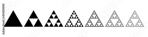 Evolution of the Sierpinski triangle. Steps constructing mathematical geometric endless fractal Sierpinski gasket. Pyramid with an infinite pattern isolated on white