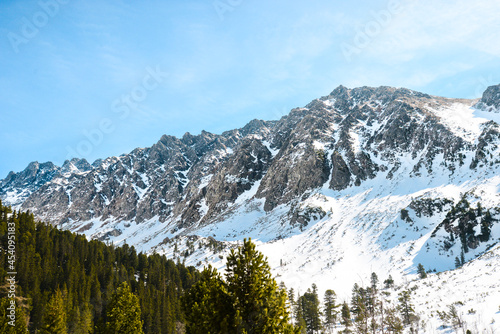 Rocky mountains in winter covered with snow and with green coniferous trees. High Tatras-Popradske pleso (lake), Slovakia.