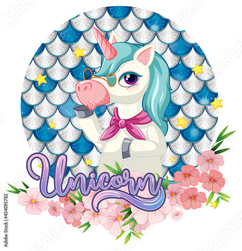 Unicorn cartoon character on pastel scales background isolated