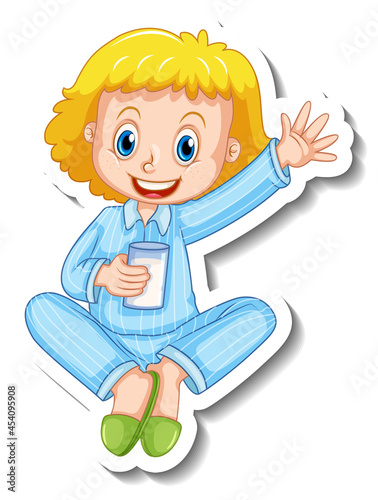 Sticker template with a little girl in pajamas costume isolated