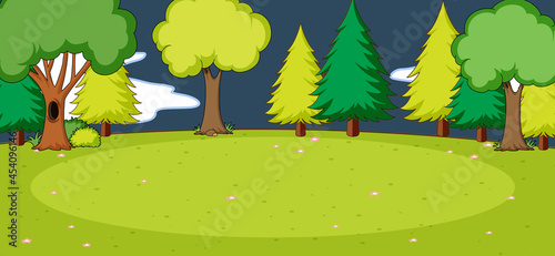 Empty park scene with many trees at night in simple style