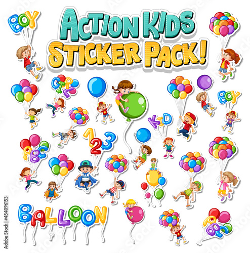 Set of stickers design with kids doing different activities