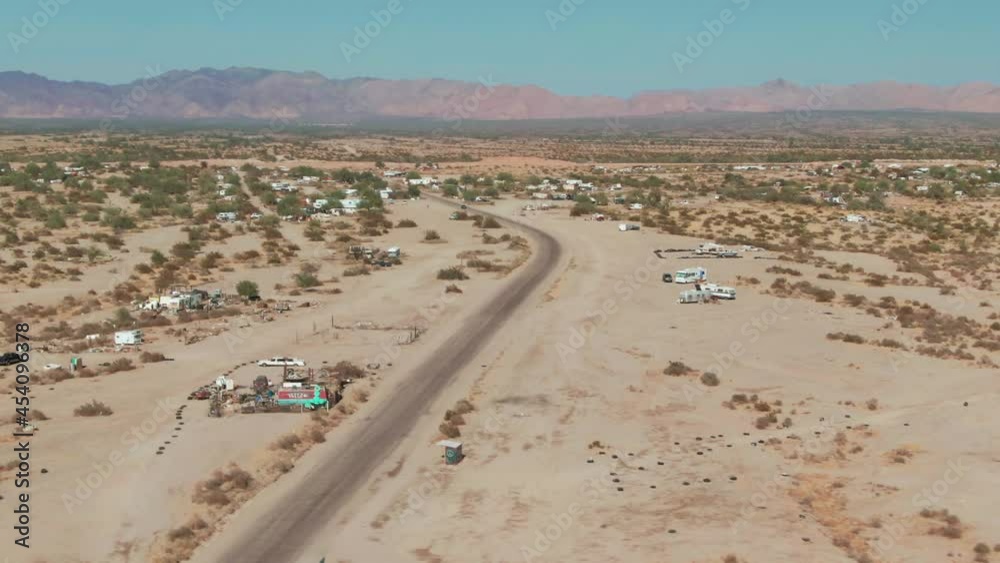 Aerial: Slab City a Dessert town of temporary homes, California, USA Aerial: Slab City a Dessert town of temporary homes, California, USA