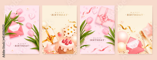 Set of happy birthday greeting card with realistic tulips, champagne, cake, envelope and gift box. Vector illustration
