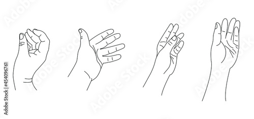 Set of hands, fingers, palm, hand brush, isolated on white background. Black thin outline, imitation of a sketch, vector illustration, eps 10.