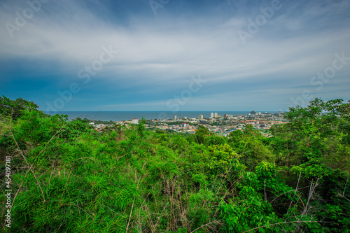 panoramic background of high mountain scenery  overlooking the atmosphere of the sea  trees and wind blowing in a cool blur  spontaneous beauty