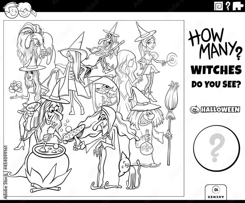 counting cartoon witches game coloring book page